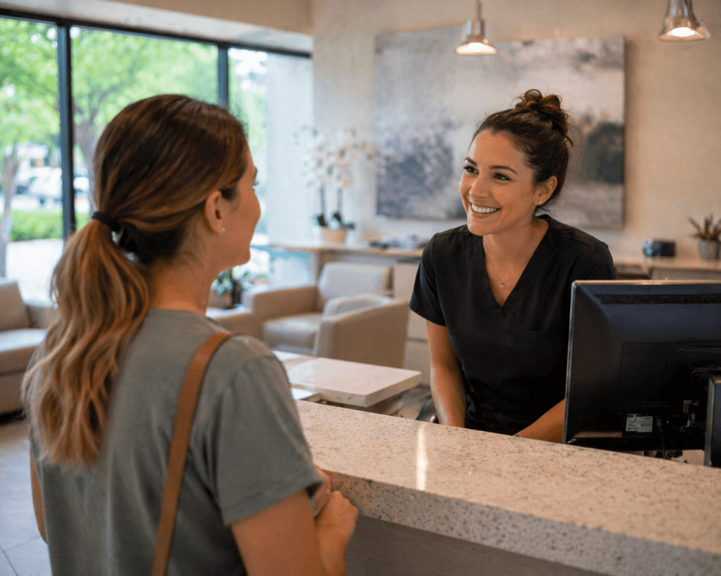 walk-in dental patients being welcomed at front desk