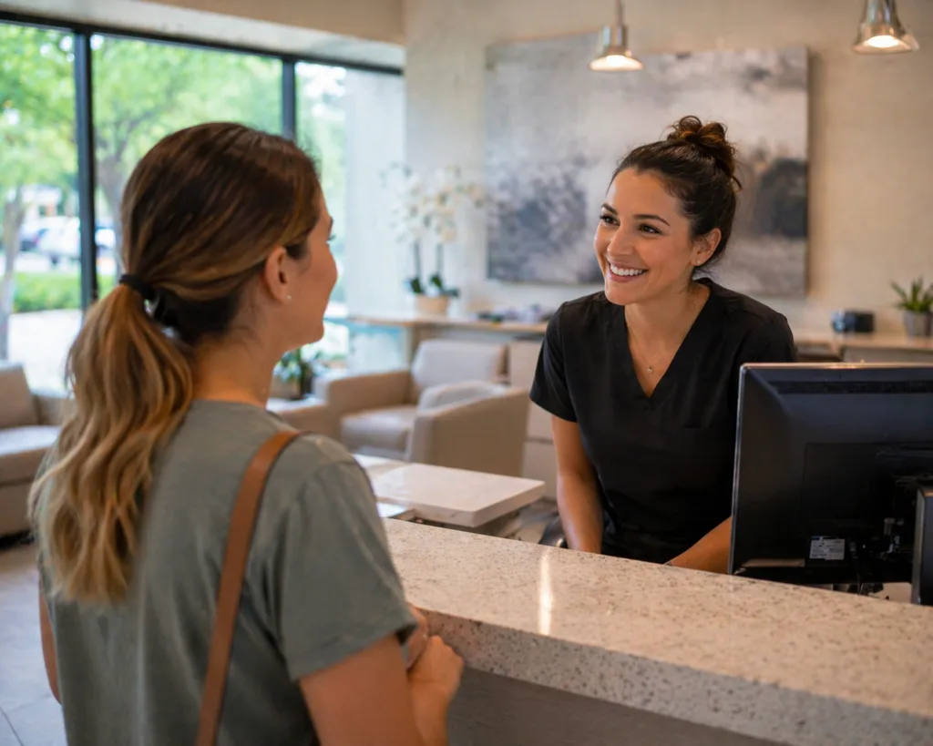 walk-in dental patients being welcomed at front desk