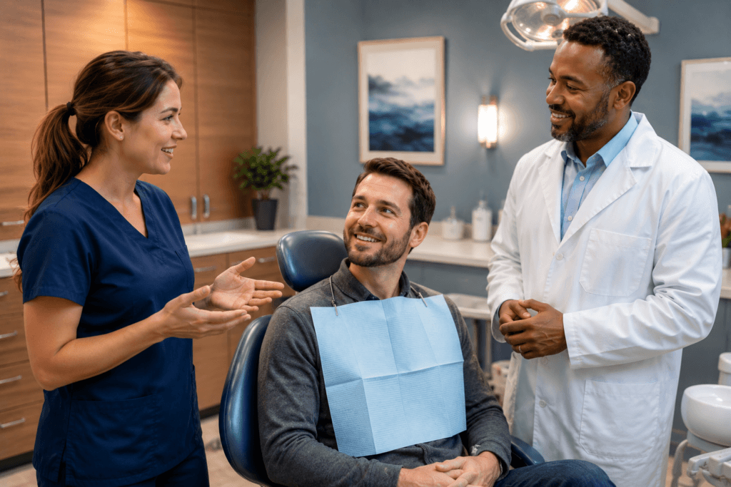 Dental hygienist performing a hygiene-to-doctor handoff with the patient positioned between both team members in a modern operatory