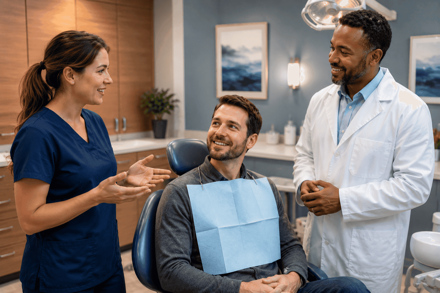 Dental hygienist performing a hygiene-to-doctor handoff with the patient positioned between both team members in a modern operatory