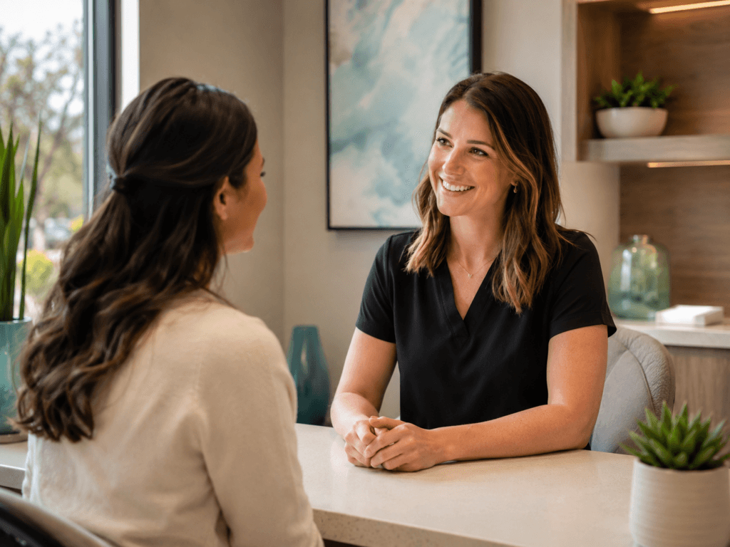 a dental consult between a business team member and a patient across a desk